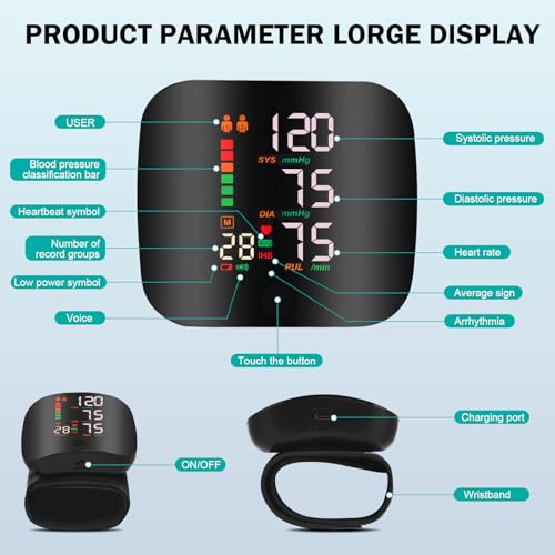 Rechargeable Wrist Blood Pressure Monitor – Dual User Memory Slots, LED Display, English Voice Function